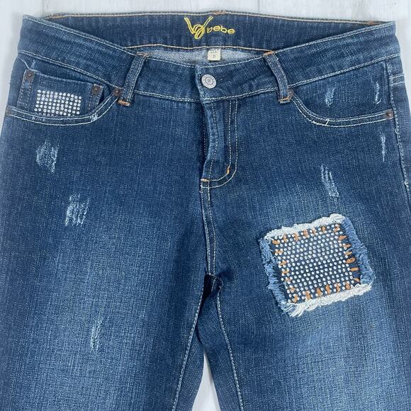 Vintage Bebe Y2k Low Rise Size 31 Flare Jeans Patchwork Rhinestone Distressed - Picture 2 of 16